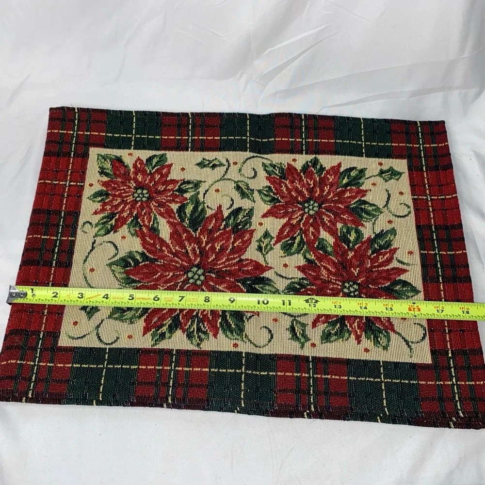 Set Of 4 Vintage Tapestry Christmas Poinsettia Placemats With Red/Green Plaid